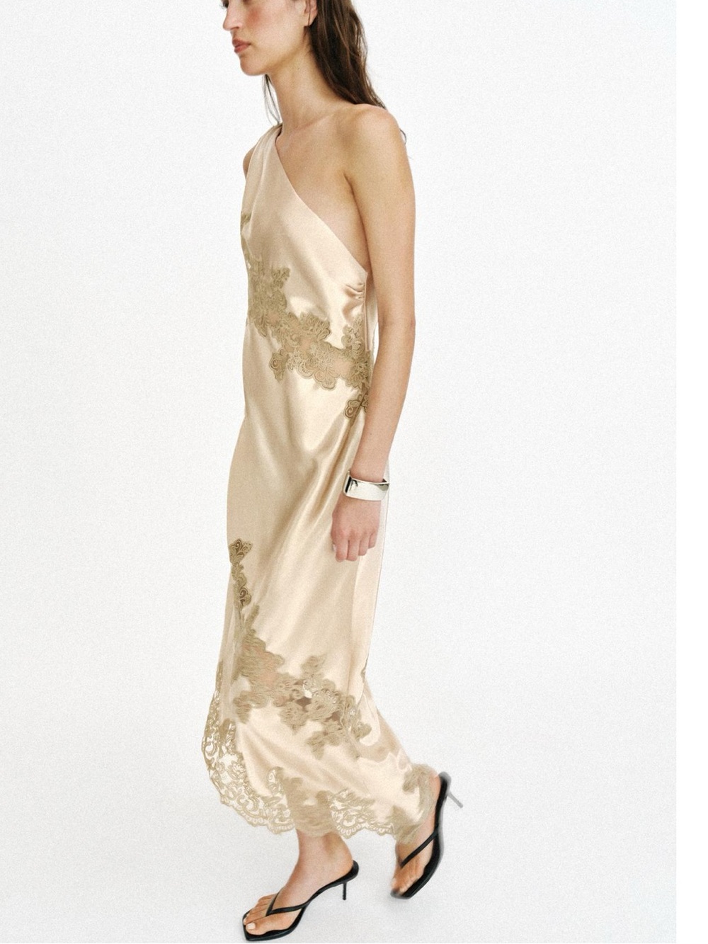 Zara Asymmetric Lingerie Style Midi Dress in Soft Gold - Picture 4 of 11